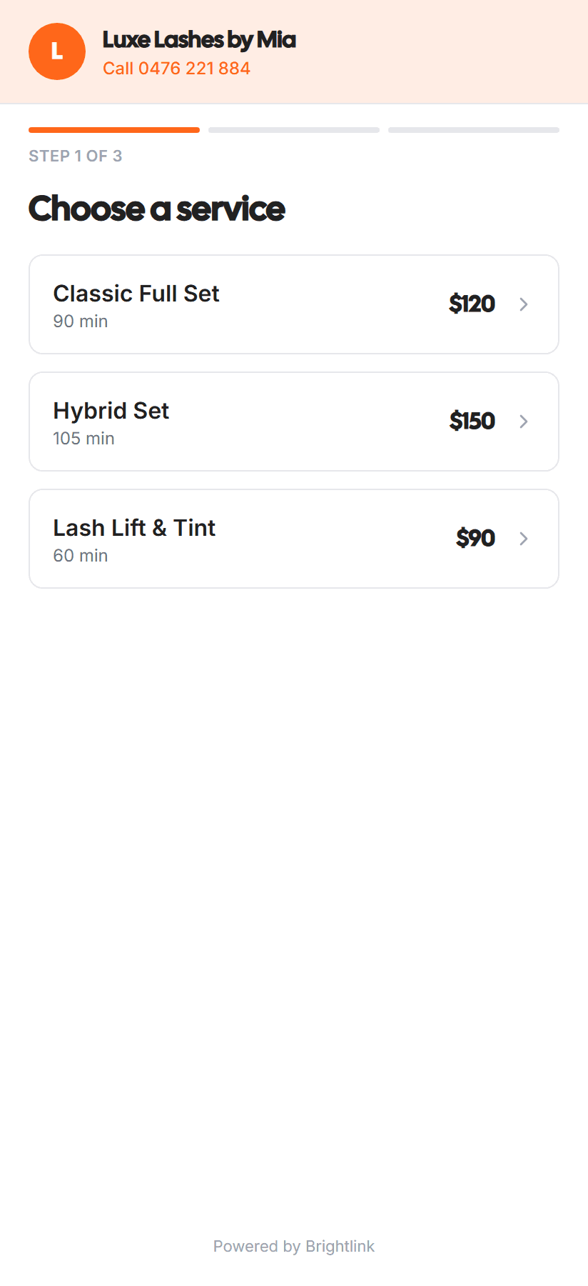 The BrightLink booking page on a phone — a client picking a service