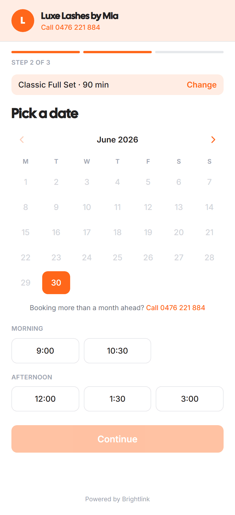 The booking calendar showing open dates and time slots