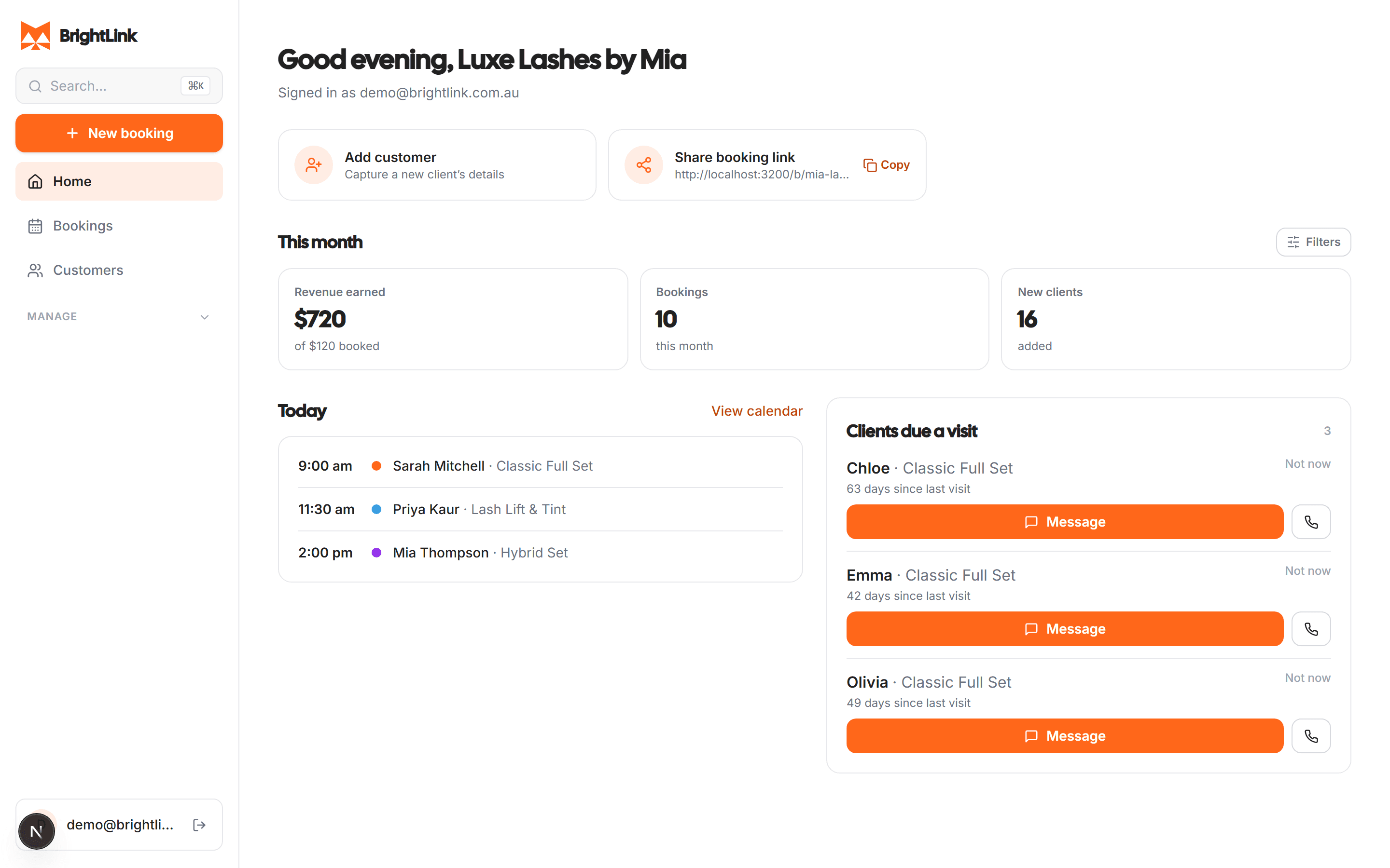 The BrightLink owner dashboard — today's appointments, this-month stats and clients due a visit